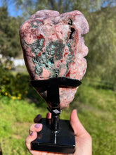 Load image into Gallery viewer, Pink Amethyst Druzy Portal w Jasper on Stand