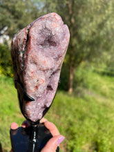 Load image into Gallery viewer, Pink Amethyst Druzy Portal w Jasper on Stand