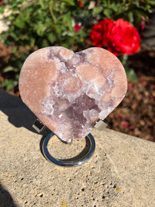 Pink Amethyst Flower Agate Heart w Stand