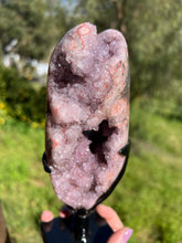 Load image into Gallery viewer, Pink Amethyst Druzy Portal w Jasper on Stand