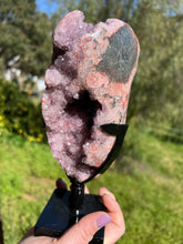 Load image into Gallery viewer, Pink Amethyst Druzy Portal w Jasper on Stand