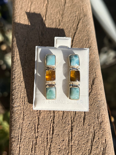 Larimar Amber Triple Dangle Earrings