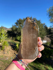 Smokey Quartz with Hematite and Gold Rutile Cutbase