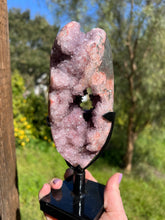 Load image into Gallery viewer, Pink Amethyst Druzy Portal w Jasper on Stand