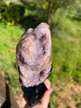 Load image into Gallery viewer, Pink Amethyst Druzy Portal w Jasper on Stand