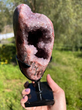 Load image into Gallery viewer, Pink Amethyst Druzy Portal w Jasper on Stand