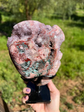 Load image into Gallery viewer, Pink Amethyst Druzy Portal w Jasper on Stand