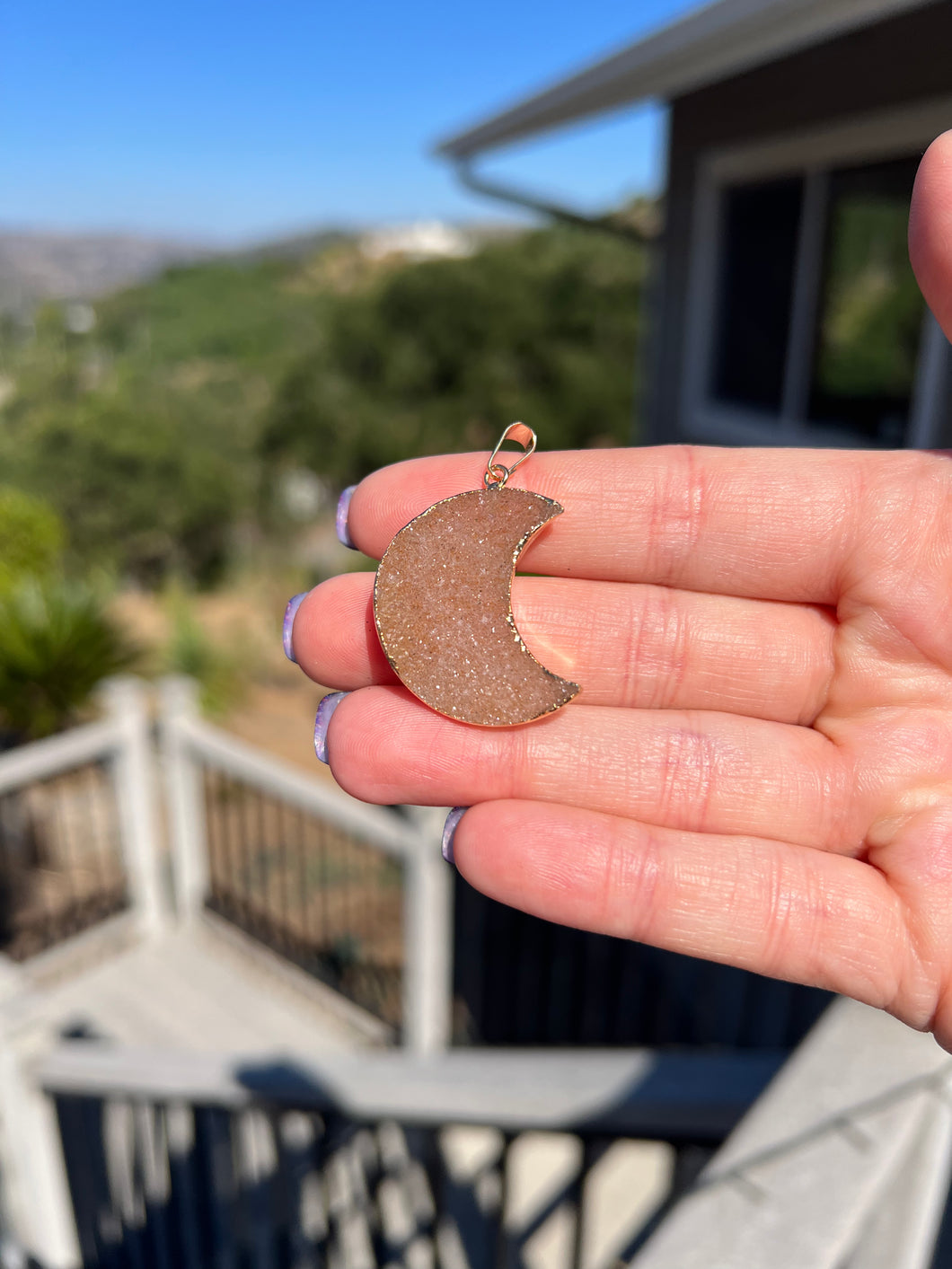 Pink Druzy Moon Gold Electroformed Moon Pendant