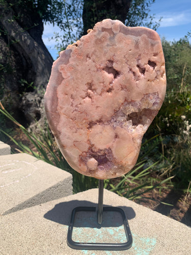 Pink Amethyst Slab Fixed on Stand w Lavender