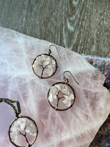 Tree Of Life Rose Quartz Brass Earrings