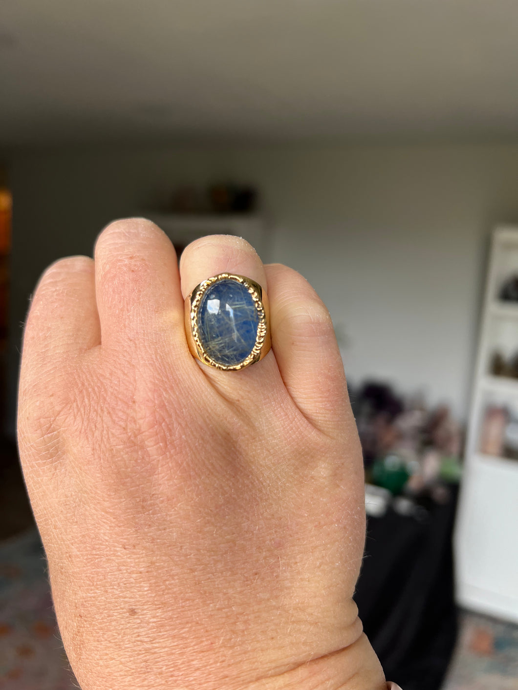 Rutilated Quartz Overlaying Lapis Adjustable Ring Size 8