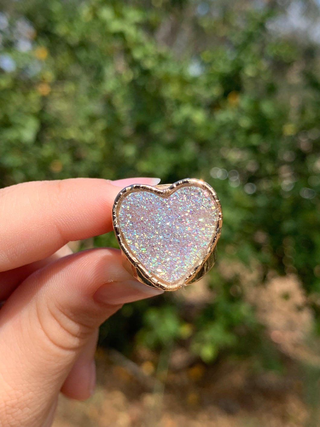 Aura Druzy Agate Heart Adjustable Ring