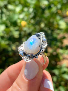 Rainbow Moonstone Sterling Silver Ring Size 8*!