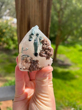 Load image into Gallery viewer, Green Tourmaline Lepidolite Standing Quartz